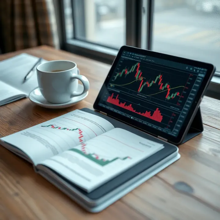 Exploring Forex Trading Concepts Through Free PDF Books Open book with forex trading charts on digital tablet and coffee cup on wooden desk