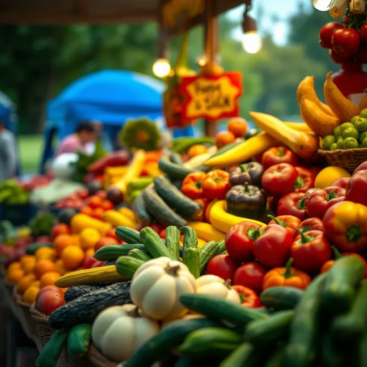 Fresh Fruits and Vegetables at a Local Park Market Vibrant display of fresh fruits and vegetables at a local park market stall