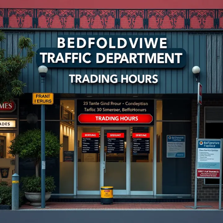 Front entrance of Bedfordview Traffic Department showing clear signage and operating hours