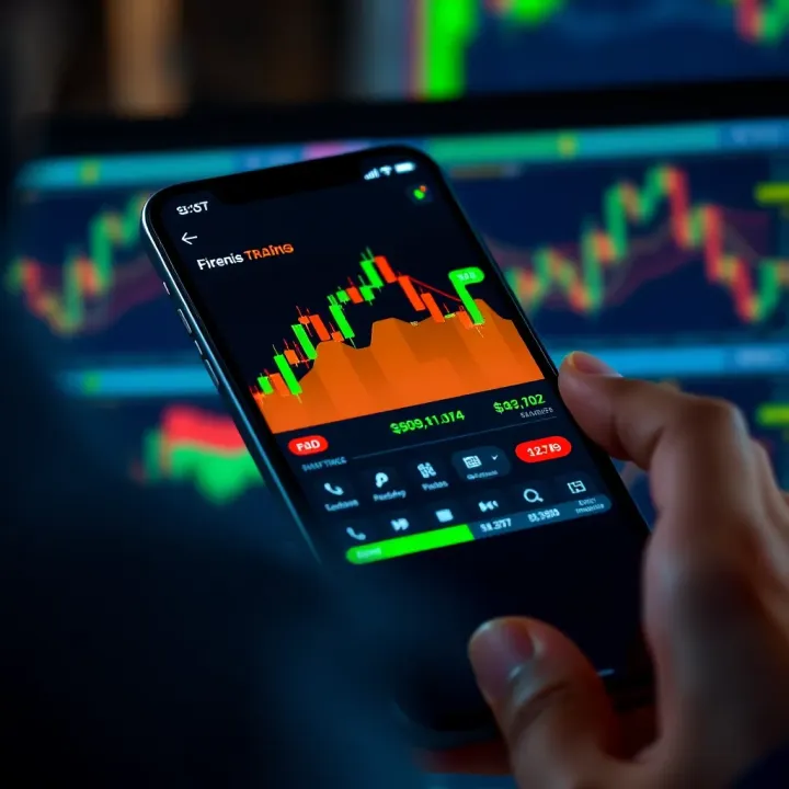 Mobile phone displaying a forex trading app interface with currency charts and trading options
