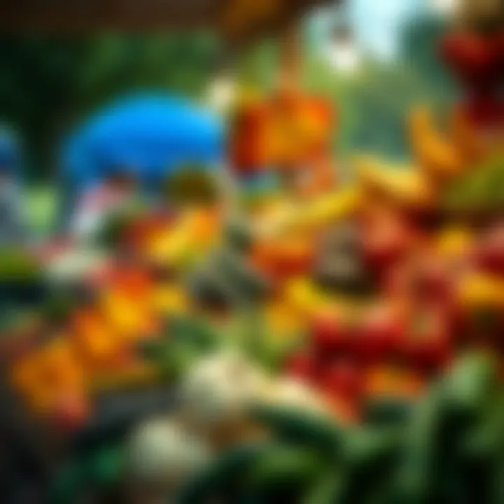 Vibrant display of fresh fruits and vegetables at a local park market stall
