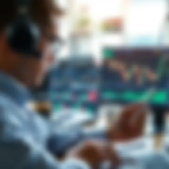 Trader analyzing forex charts with digital notes and strategy icons