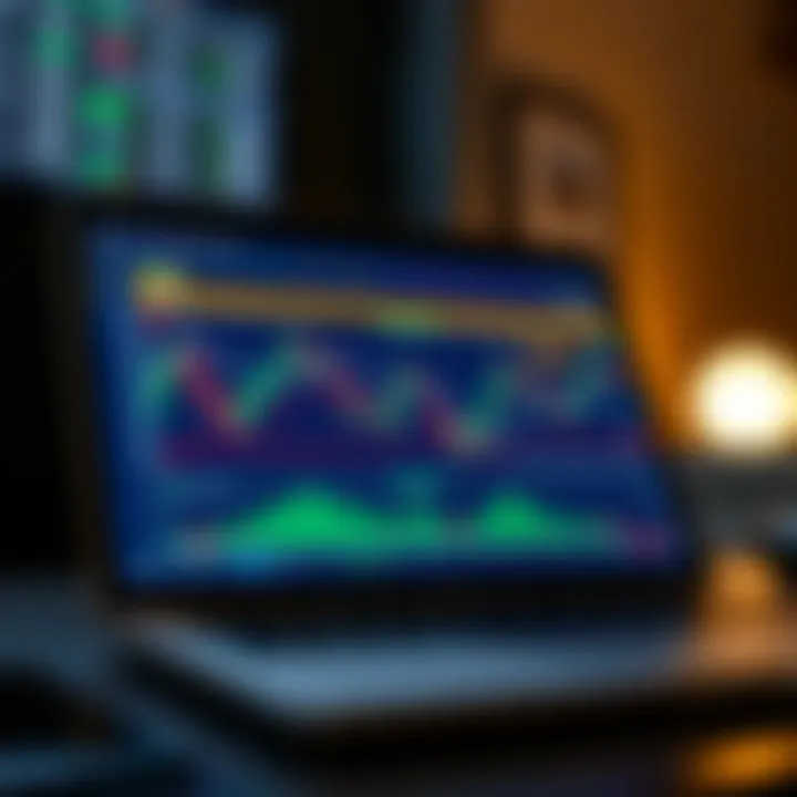 Laptop screen displaying forex trading charts with candlestick patterns and currency pairs