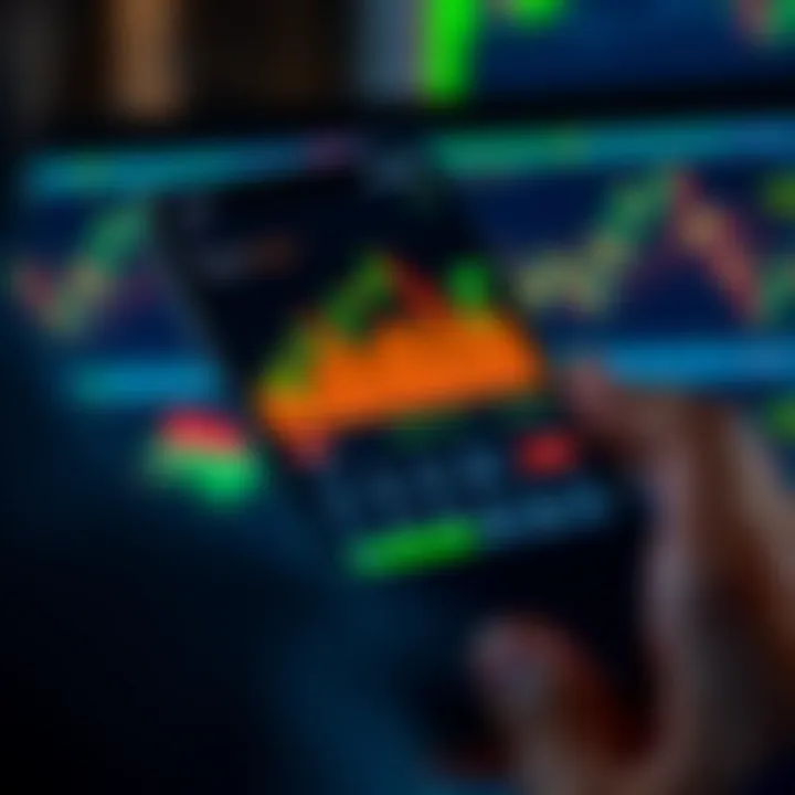 Mobile phone displaying a forex trading app interface with currency charts and trading options