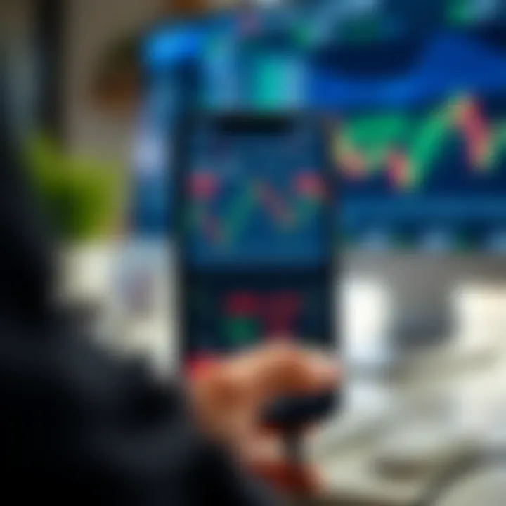 Smartphone displaying a trading app interface with charts and stock data