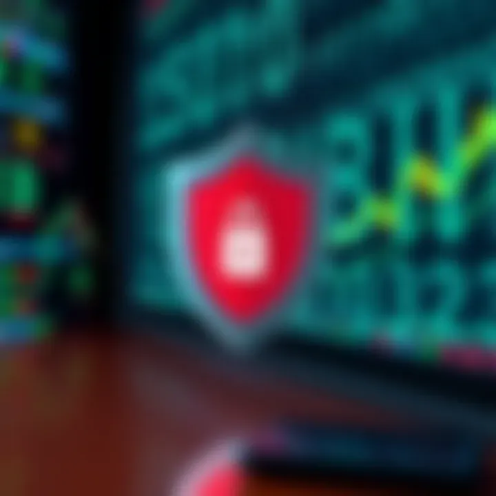 Conceptual graphic representing secure online trading with shield and binary code