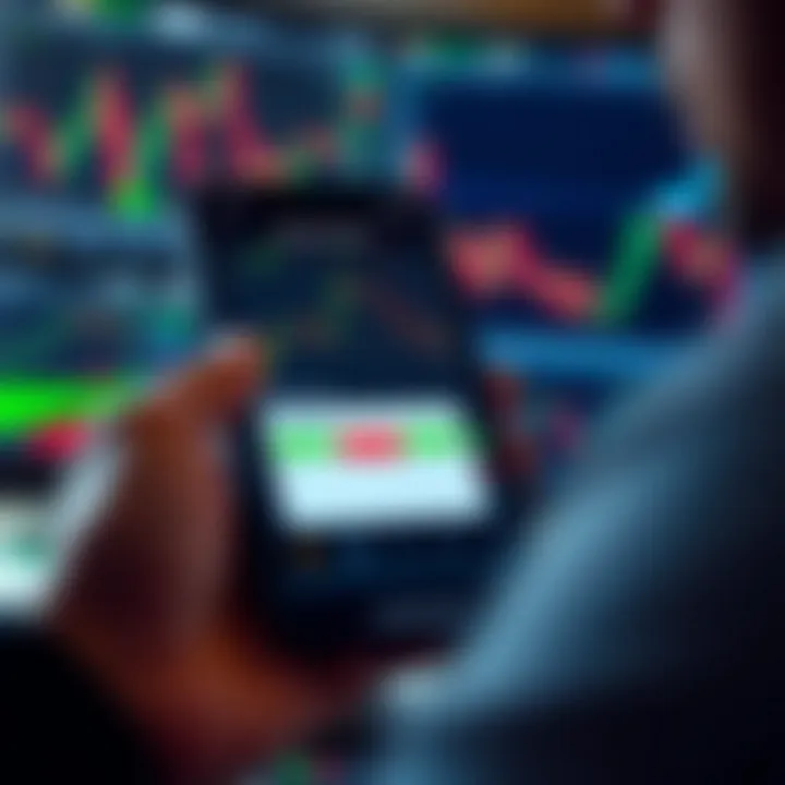 Mobile device displaying a binary trading signals app interface with charts and alerts