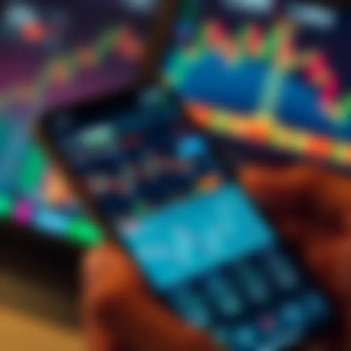 Mobile phone displaying a forex trading app interface with charts and currency pairs