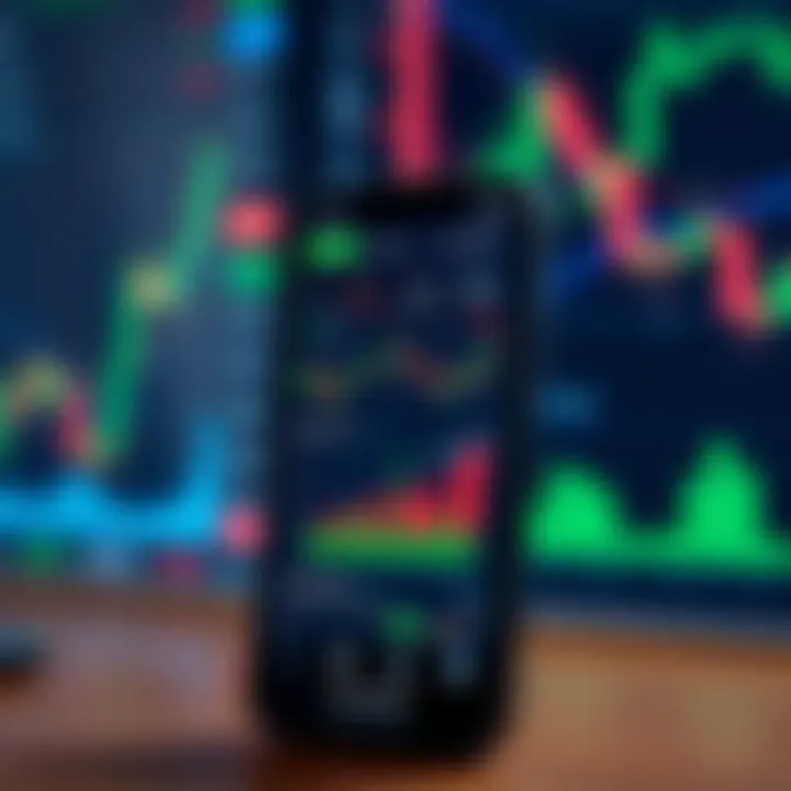 Mobile phone displaying various financial charts and trading indicators