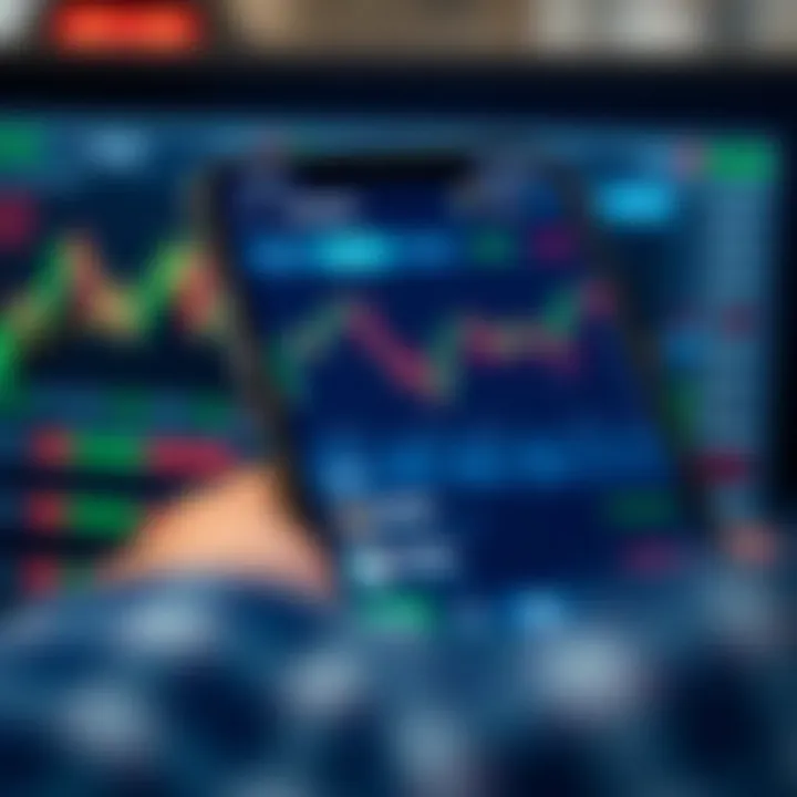 Mobile trading application interface displaying stock market charts and trading options