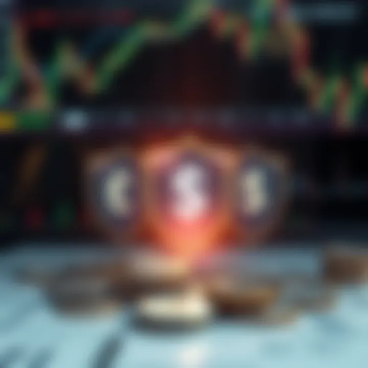 Conceptual graphic of financial risk management with protective shields around currency symbols