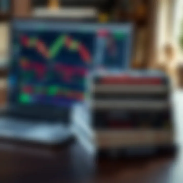 Advanced Forex Trading Strategies and Market Analysis Books stacked next to a laptop displaying forex trading charts and financial data