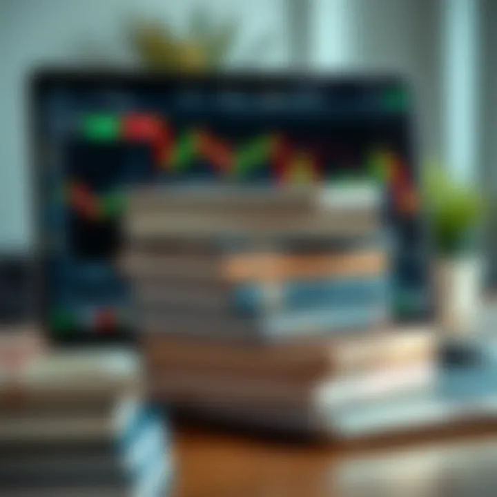 Stack of forex trading books with a laptop showing currency market data