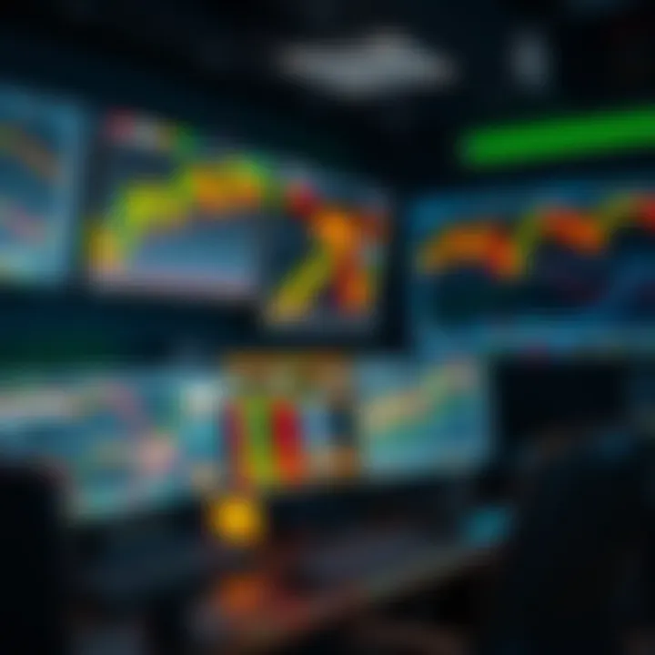 Dynamic forex trading desk with multiple monitors displaying currency charts and market data