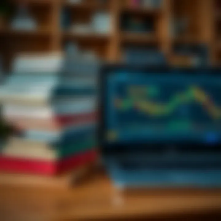 Stack of educational books and a laptop displaying forex trading charts and course materials