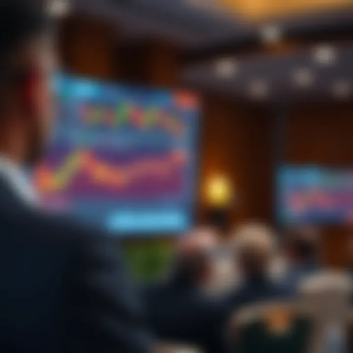Close-up of a speaker presenting key forex trading strategies with a digital screen showing market trends
