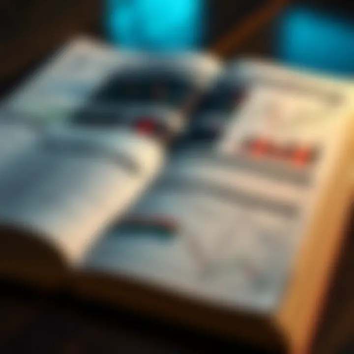Detailed Forex Trading Strategies and Market Analysis Open book with forex charts and graphs alongside notes highlighting trading strategies and market analysis