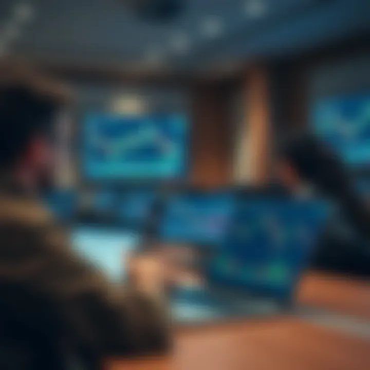 Interactive Forex Trading Training Session Classroom setting with students learning forex trading concepts on laptops with financial graphs on screens