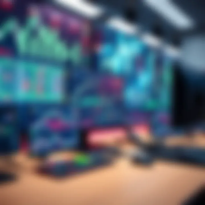 Forex trading setup with multiple monitors displaying currency charts and market data against a dynamic digital background