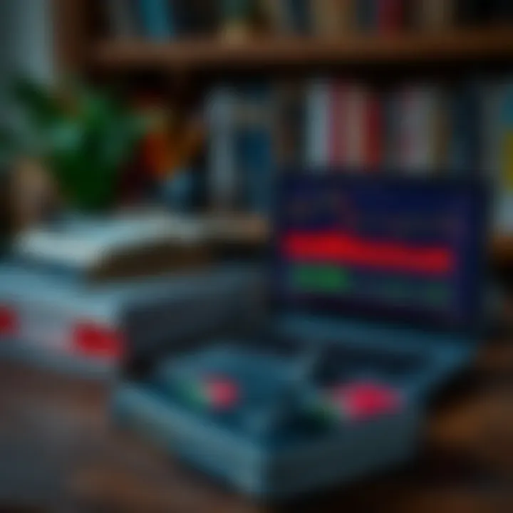 Collection of books and a laptop displaying trading charts representing binary options education