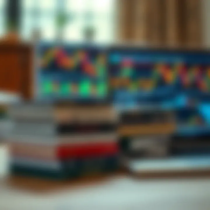 Collection of forex trading books stacked beside laptop showing trading graphs