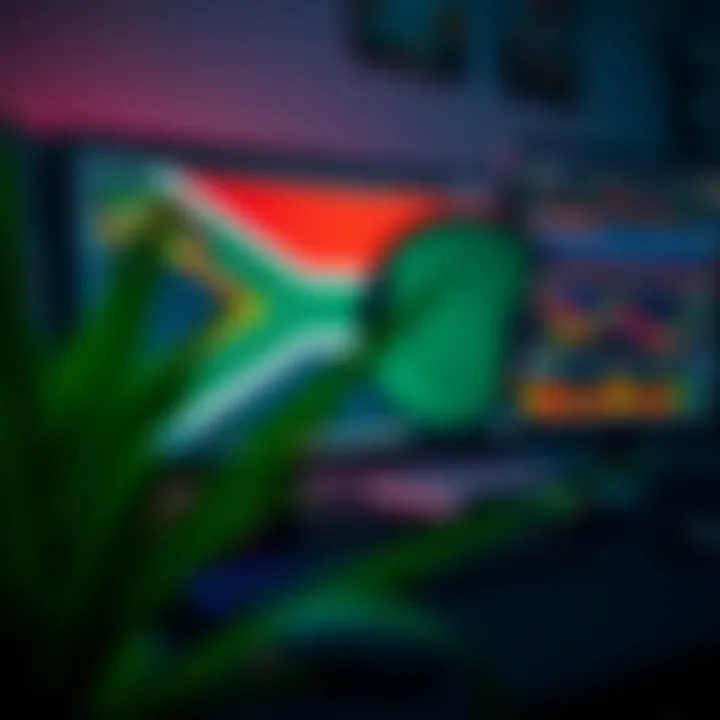 Desktop setup showing multiple forex trading charts and South African flag on screen