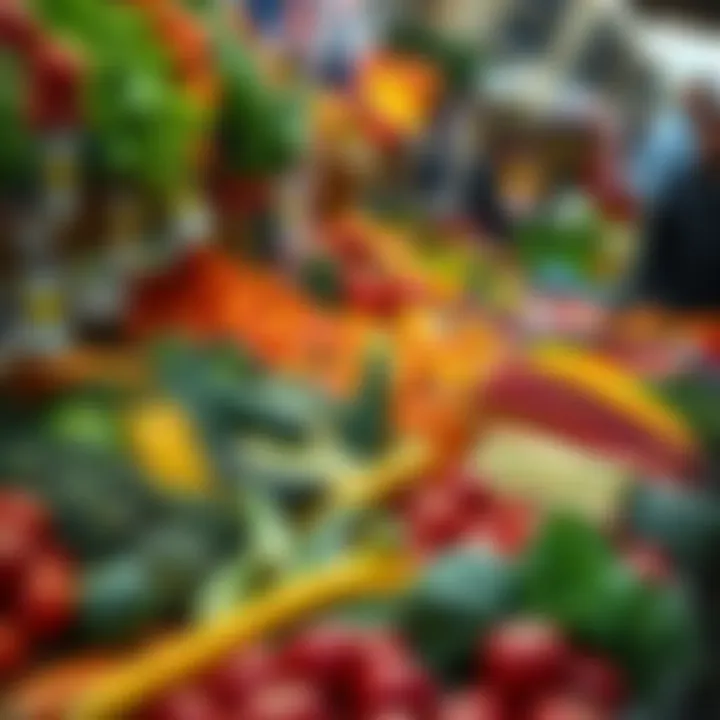Fresh fruits and vegetables neatly arranged at a bustling Montana Market stall