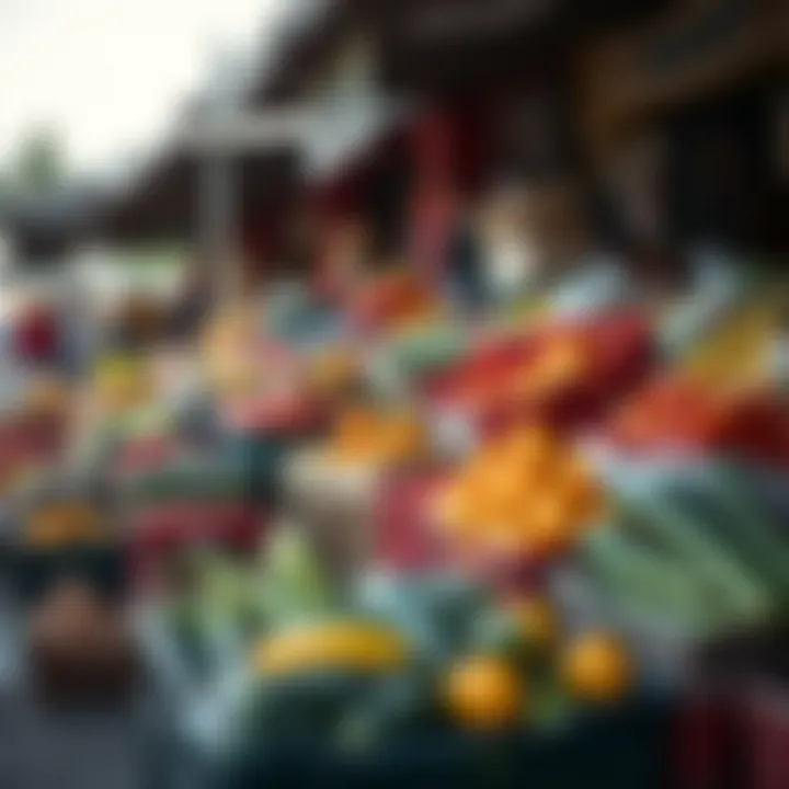 Colorful crates of produce arranged in an outdoor market showing the diversity of fresh fruits and vegetables available throughout the day