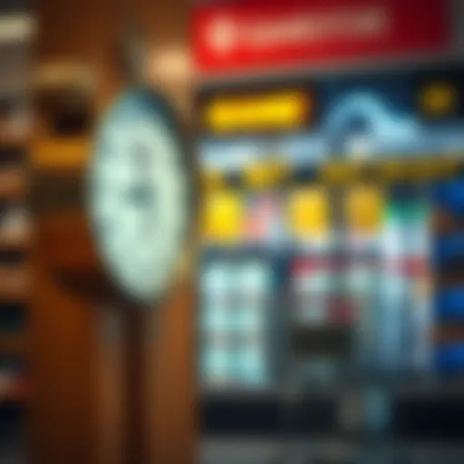 Clock displaying trading hours alongside a shopping cart inside a retail store