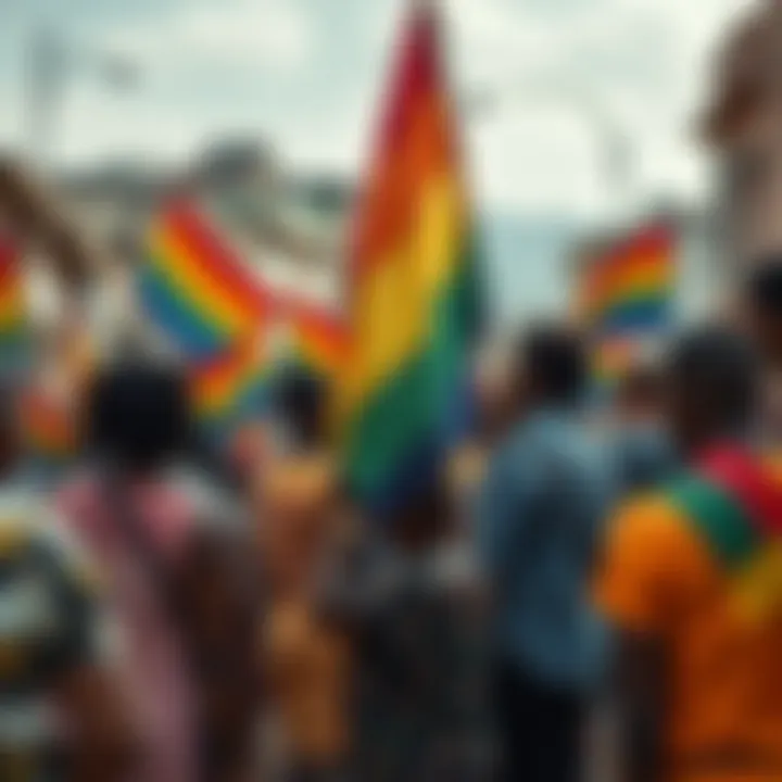 South African urban backdrop with inclusive community gathering featuring rainbow flags promoting gender inclusivity and support