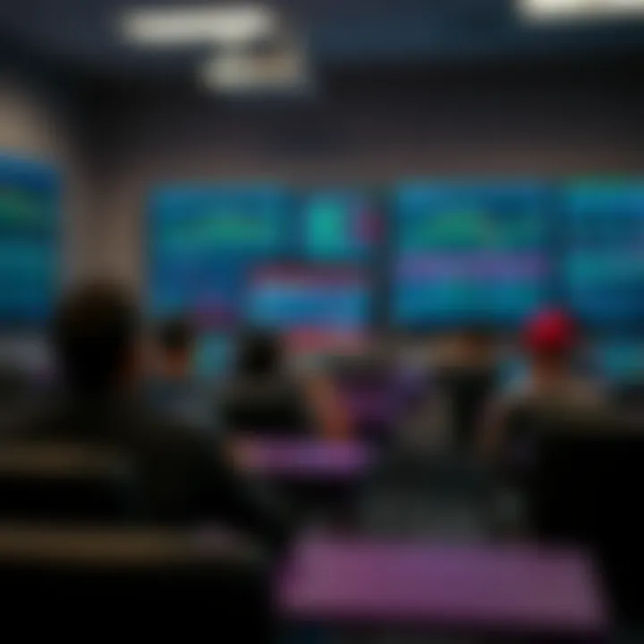 Illustration of classroom setting with digital screens showing forex market trends and trading strategies