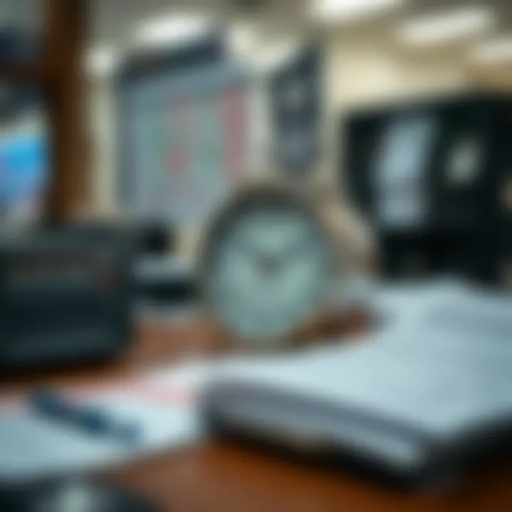 Clock showing opening hours with calendar and paperwork on desk