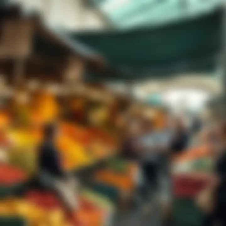 Busy market scene with shoppers browsing fruit and vegetable stands during peak trading hours in Kuilsriver