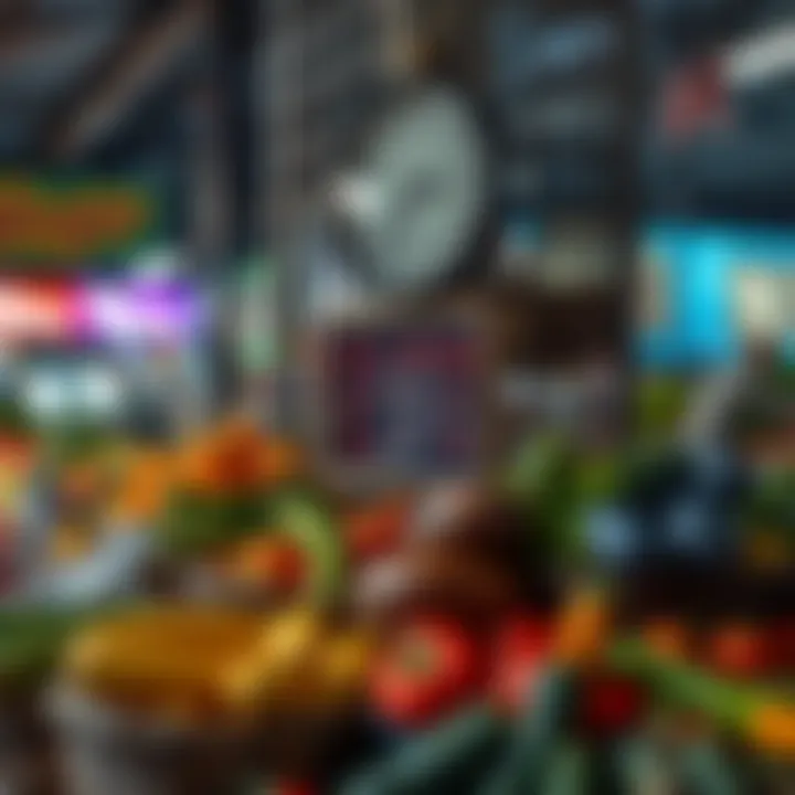 Market clock showing opening hours alongside colorful baskets of seasonal vegetables