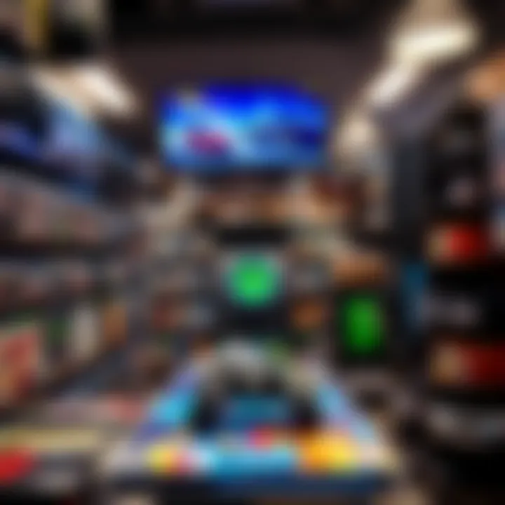 Interior view of a game store with shelves stocked with video games, controllers, and gaming accessories