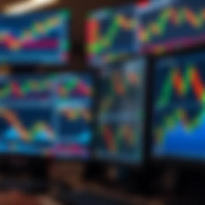 Illustration of various forex trading charts and candlestick patterns on computer screens