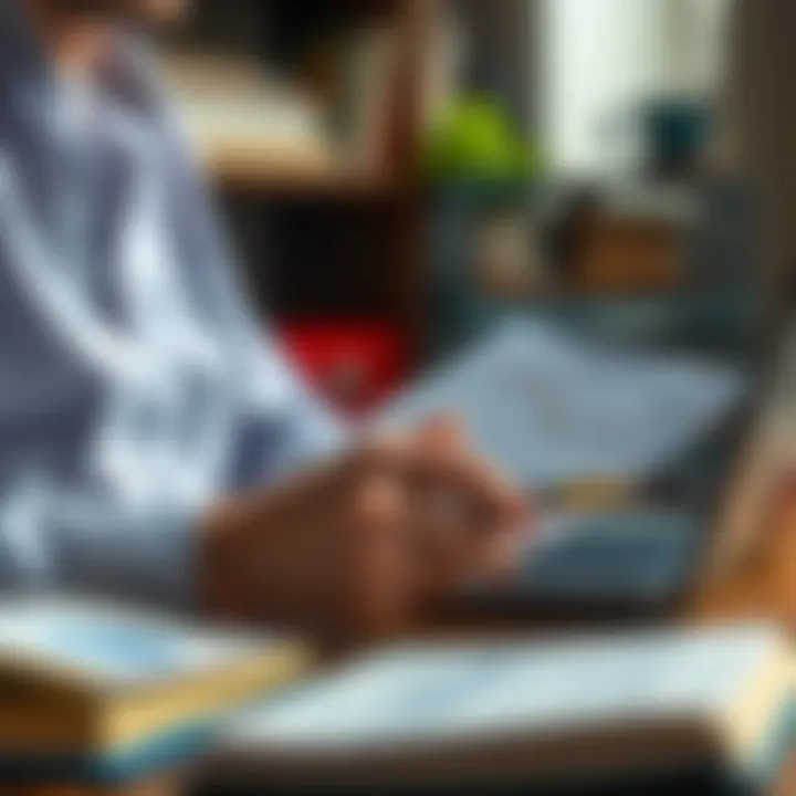 Close-up of a person studying forex charts and notes from trading books with a laptop