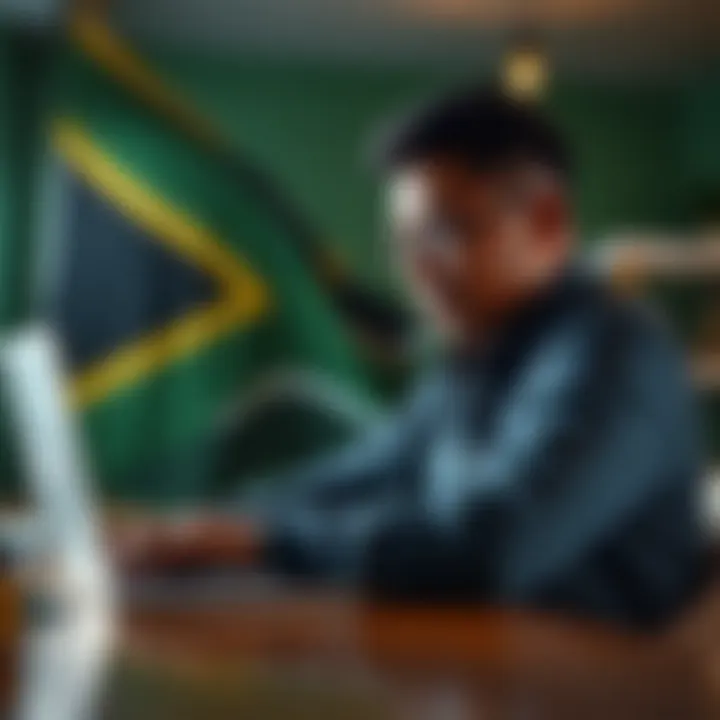 Conceptual illustration of a trader practicing binary options strategies on a laptop with a South African flag in the background