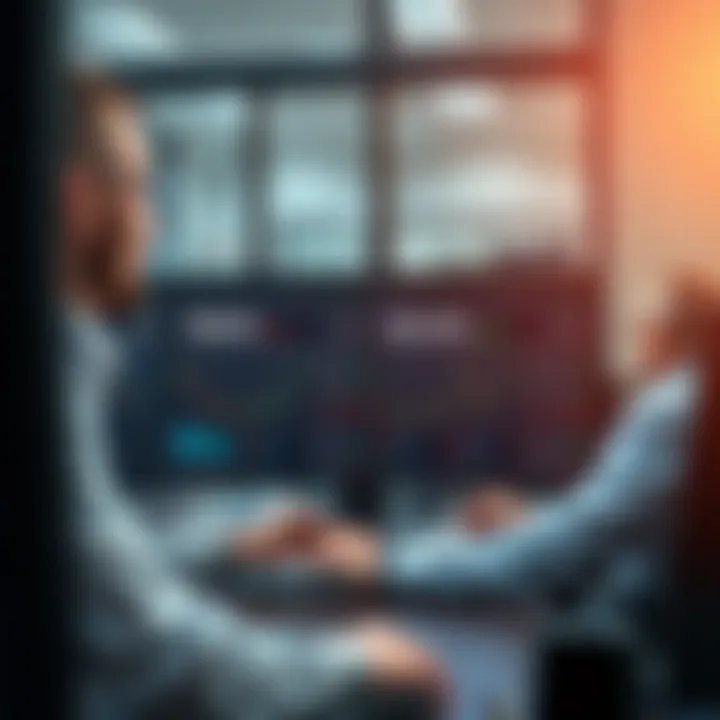 Business professionals analyzing risk factors on digital dashboard in corporate office