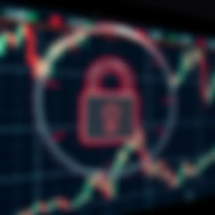 Secure padlock icon overlaying digital stock market graphs