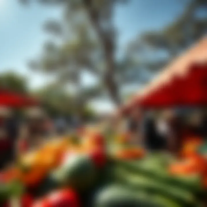 Colorful park setting with vendors and customers browsing fresh produce under sunny skies