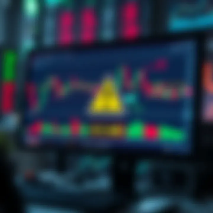 Illustration showing a computer screen displaying binary options trading charts with warning icons