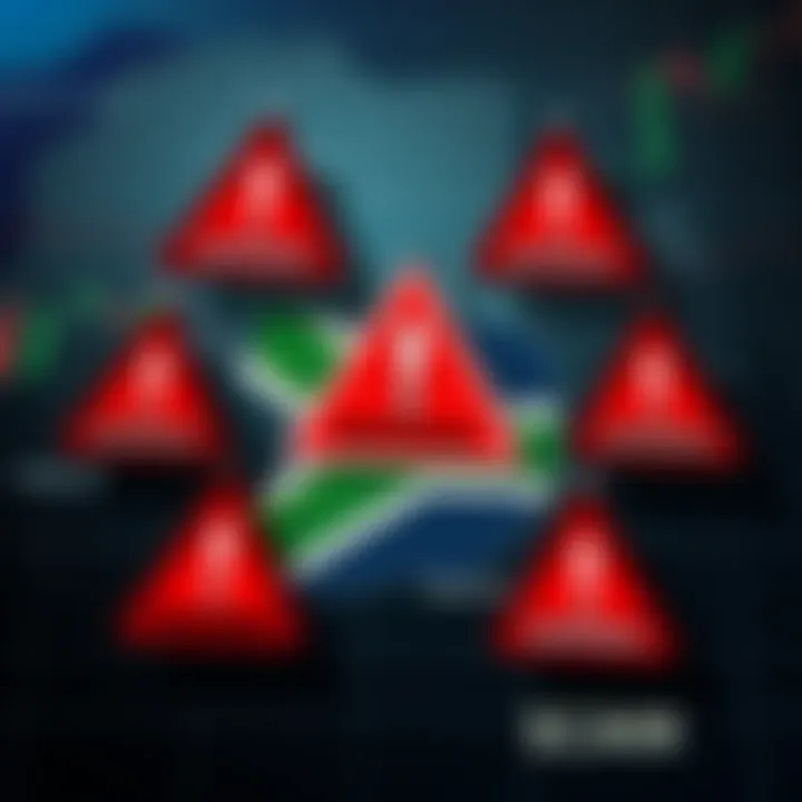 Graphic depicting red warning signs highlighting common forex scams with a map of South Africa in the background