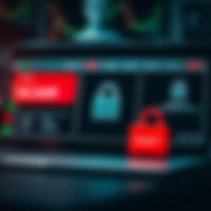 Visual representation of protective measures against cyber scams including secure passwords and alert notifications