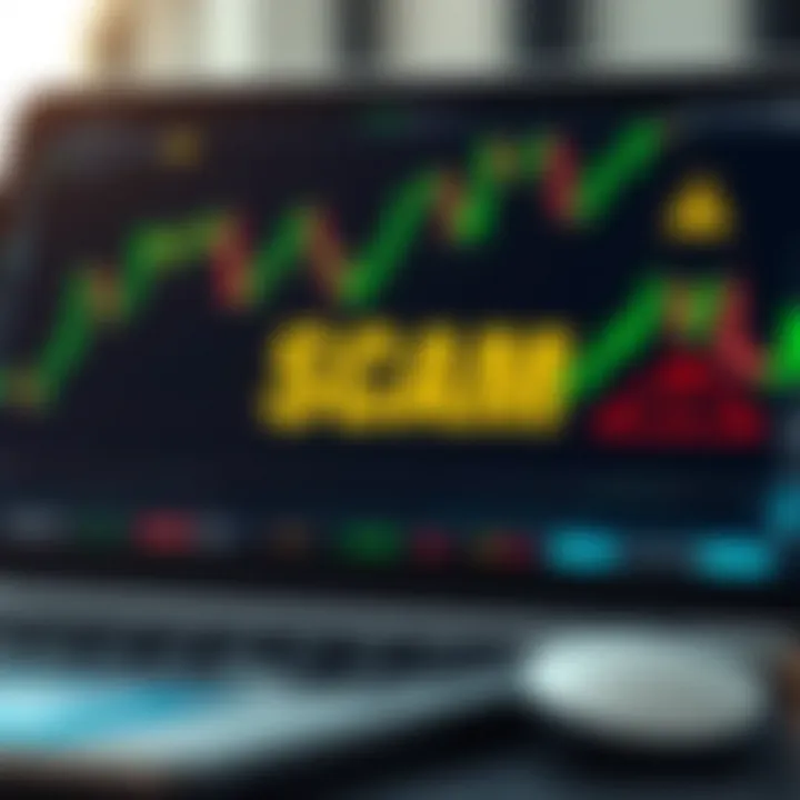 Digital representation of online financial trading with warning symbols indicating scam alerts