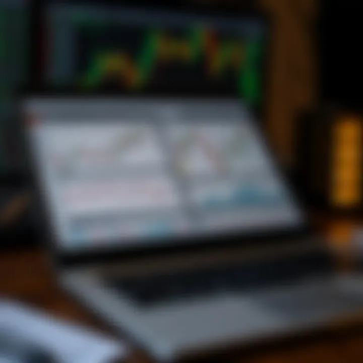 Open forex trading course PDF on laptop with charts and currency symbols