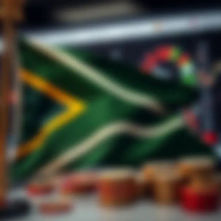 South African flag with currency symbols depicting forex trading and tax obligations