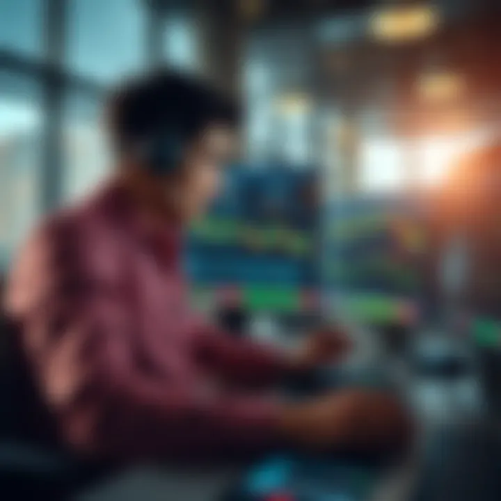 Trader analyzing forex charts with digital tools and indicators in a modern workspace