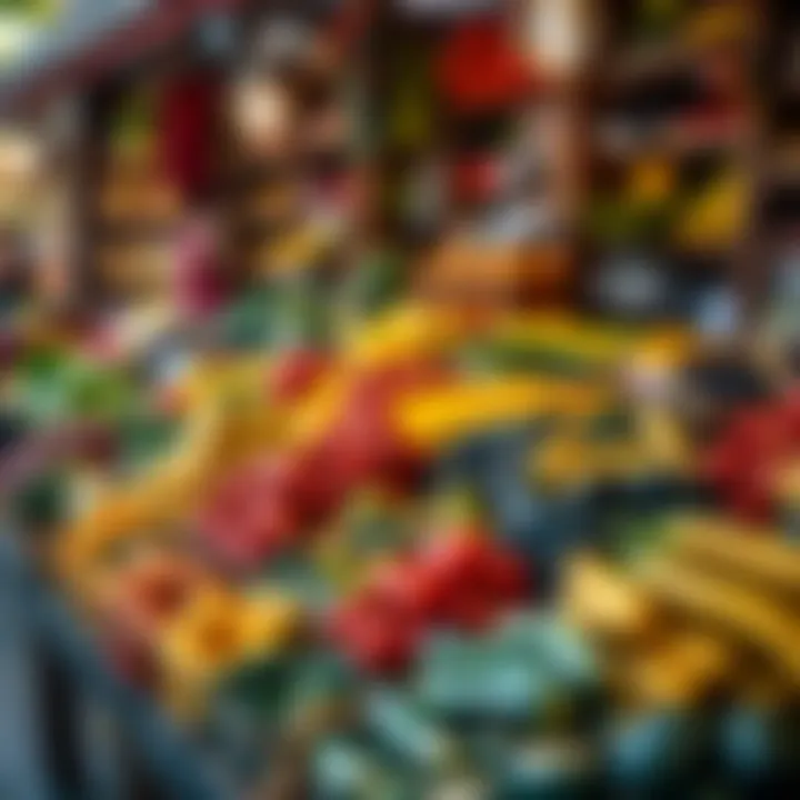 Fresh fruits and vegetables displayed at a vibrant South African market stall during early morning trading hours