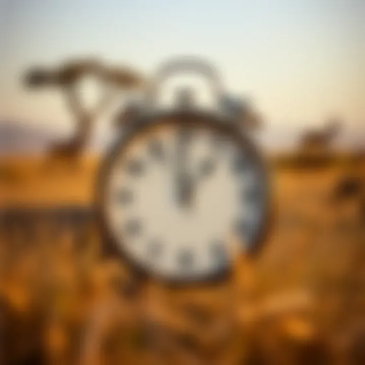 Clock showing specific trading hours with wildlife silhouettes in the background